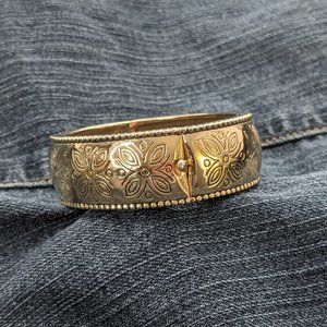 Gold Toned Embossed Floral Hinged Bracelet